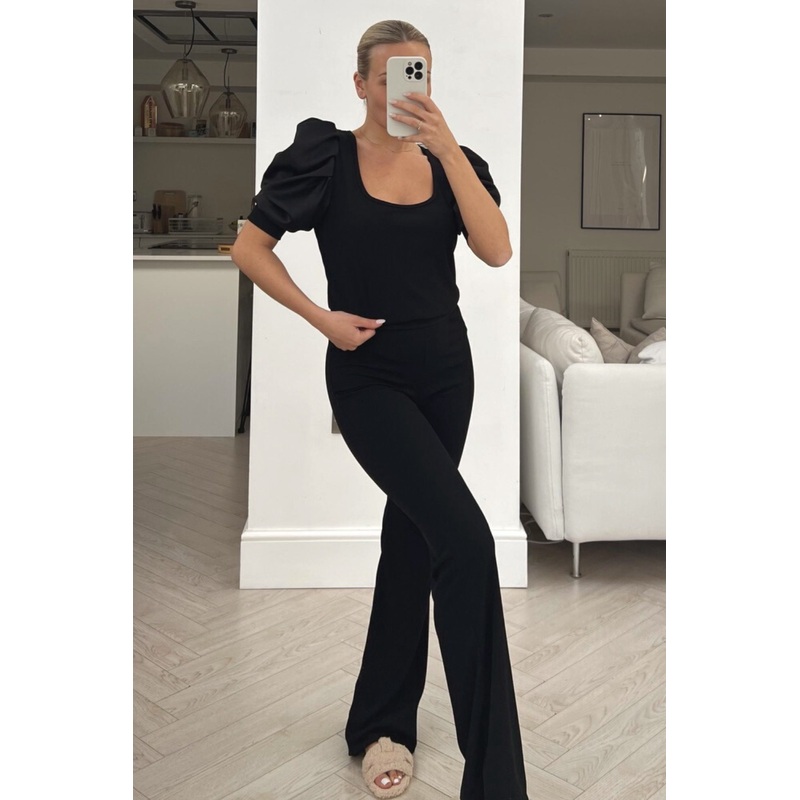 Miley black puff shoulder lightweight ribbed loungewear set
