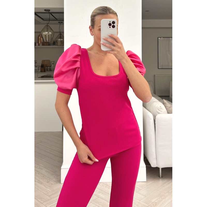 Miley pink puff shoulder lightweight ribbed loungewear set