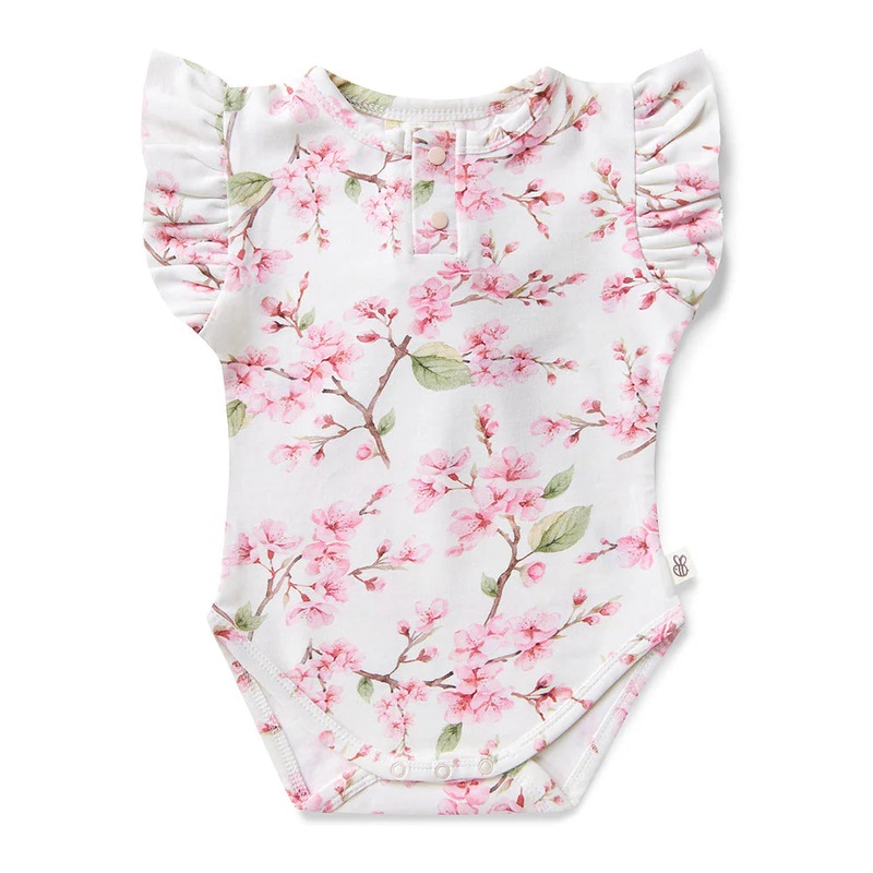 Snuggle Hunny - Organic Short Sleeve Bodysuit with Frill | Cherry Blossom