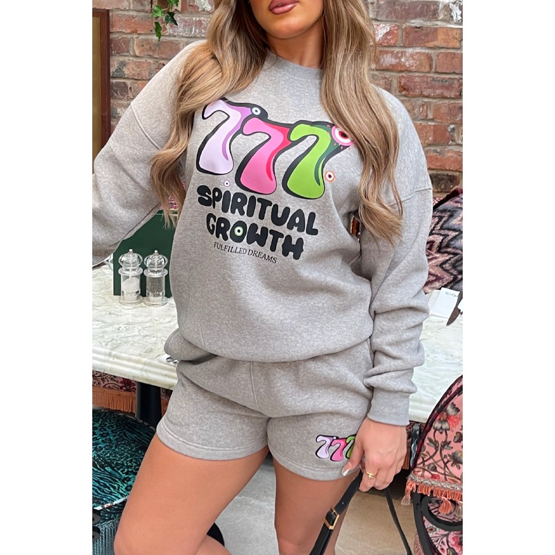 Spiritual Growth Grey Printed sweater short loungewear set