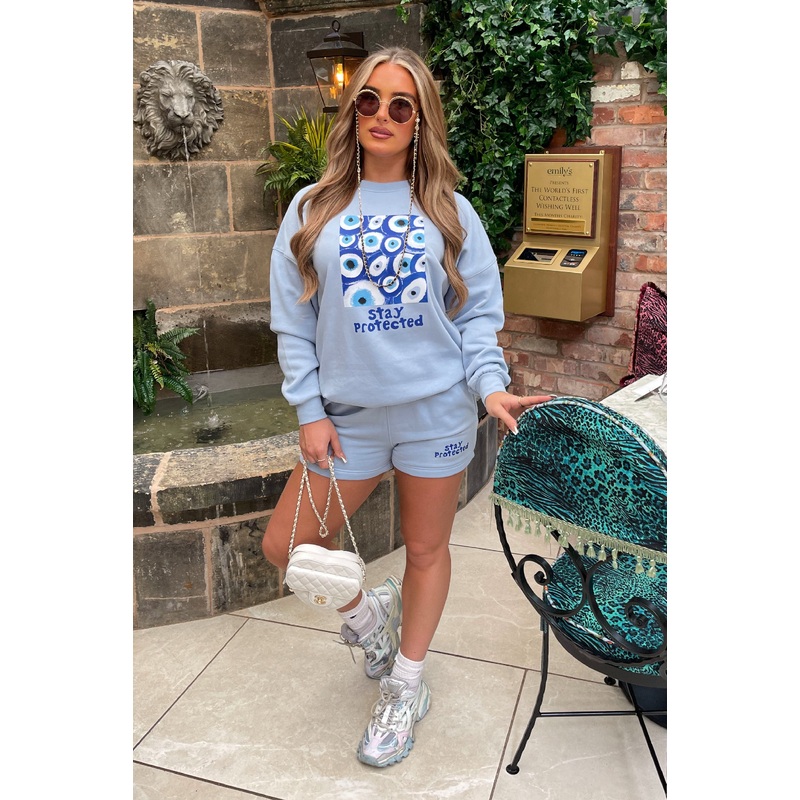 Stay Protected Baby Blue Printed sweater short loungewear set