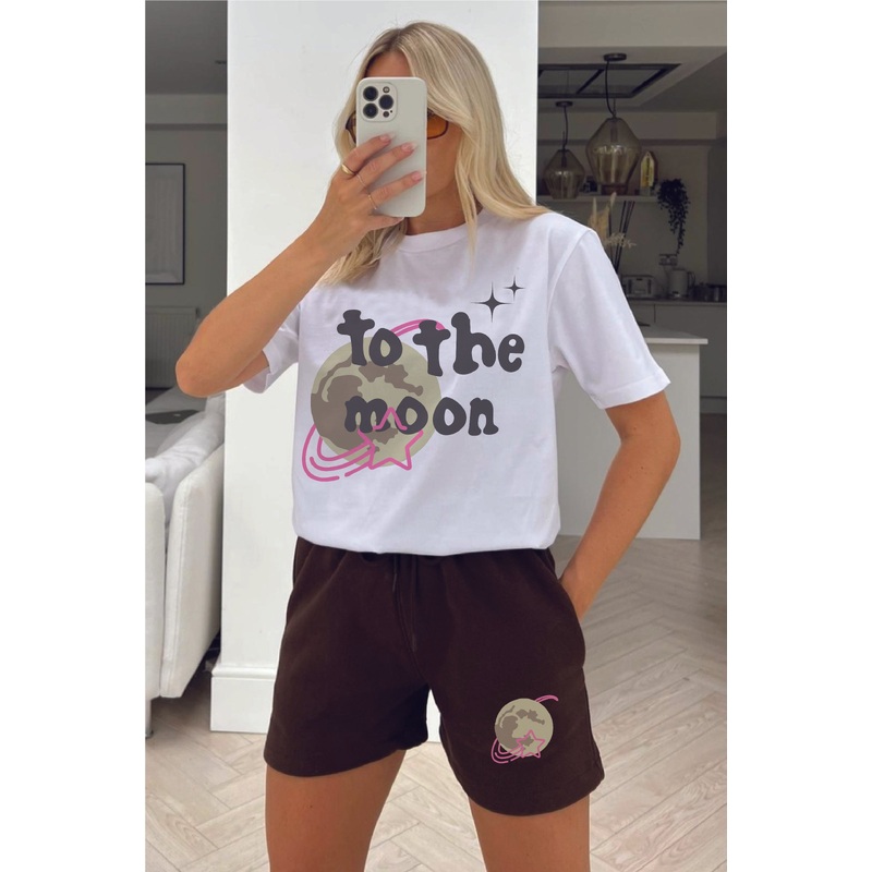 To The Moon white & chocolate printed short tee coord