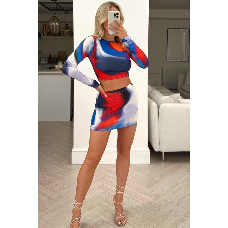 trish long-sleeve ruched skirt coord