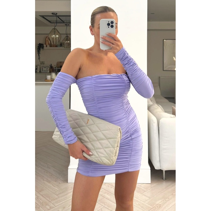 Mimi lilac ruched off shoulder sleeve mini dress