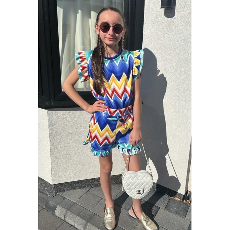 Mini Hannah blue zigzag frill short coord set