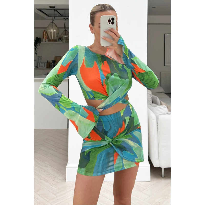 rommie Green & Orange tie waist knot skirt coord