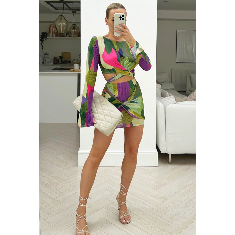 rommie Purple & Green tie waist knot skirt coord