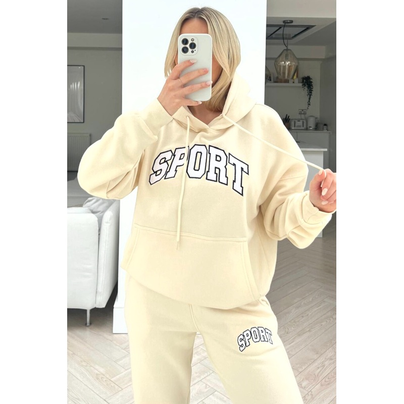 Sport ecru embroidered hooded jogger loungewear set