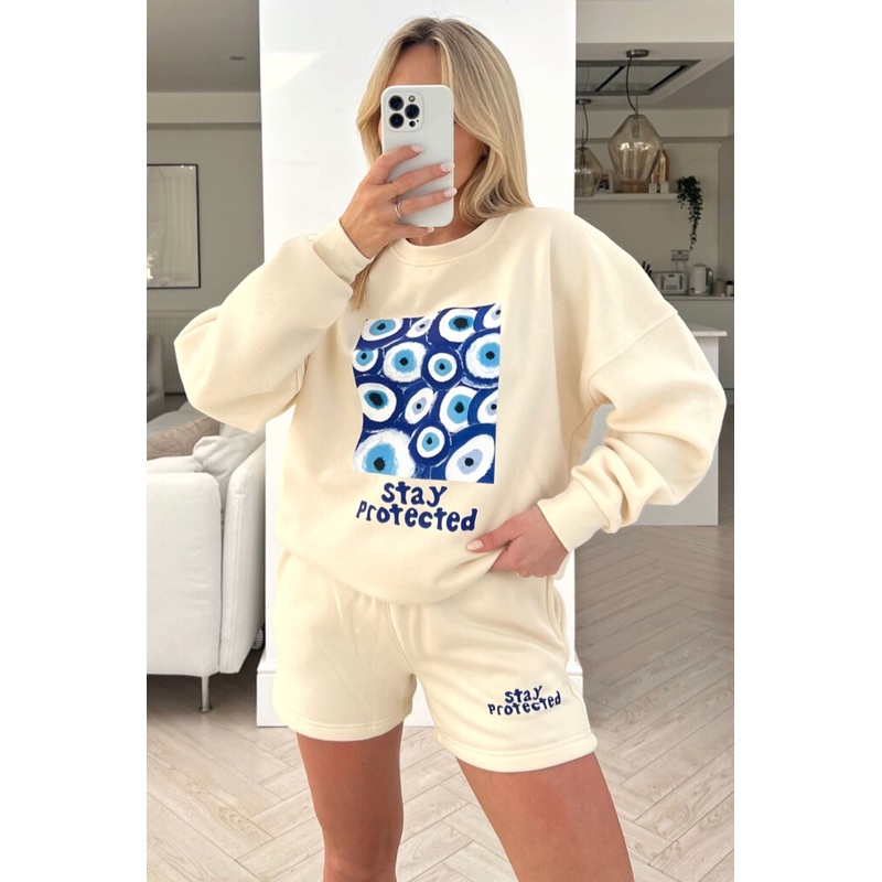 Stay Protected Ecru Printed sweater short loungewear set