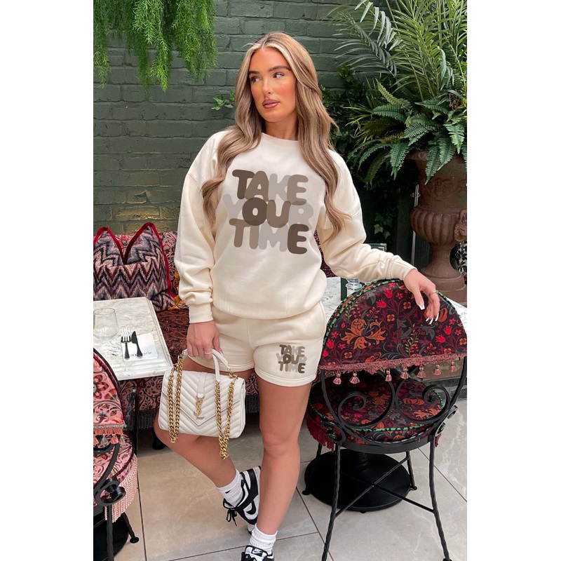 Take Your Time ecru sweater short loungewear set