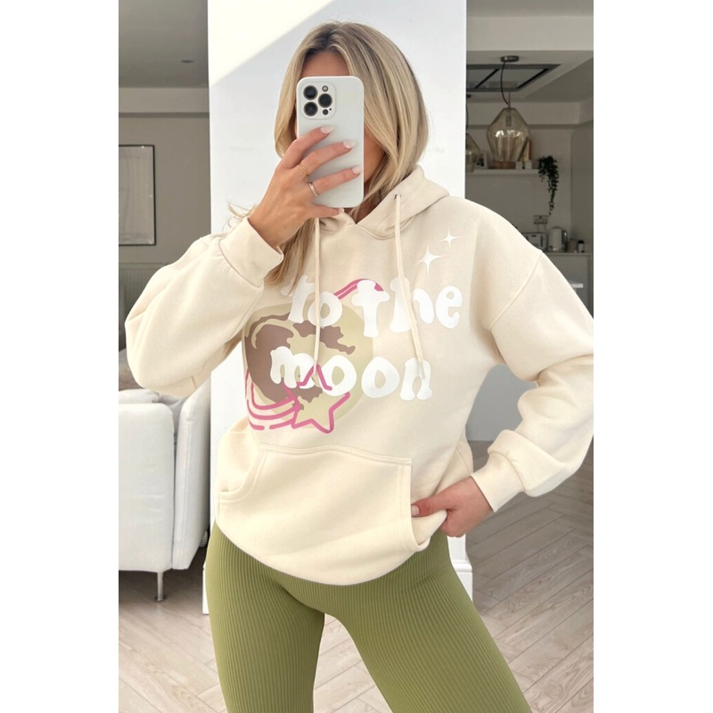 To the moon ecru printed drawstring hoodie
