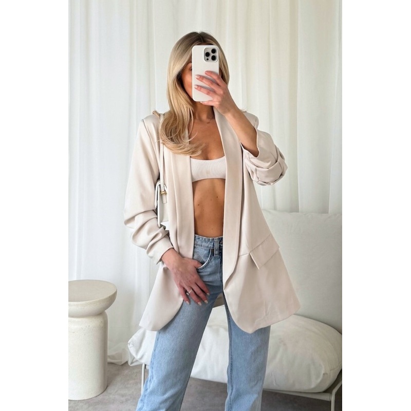 Valencia beige ruched sleeve blazer