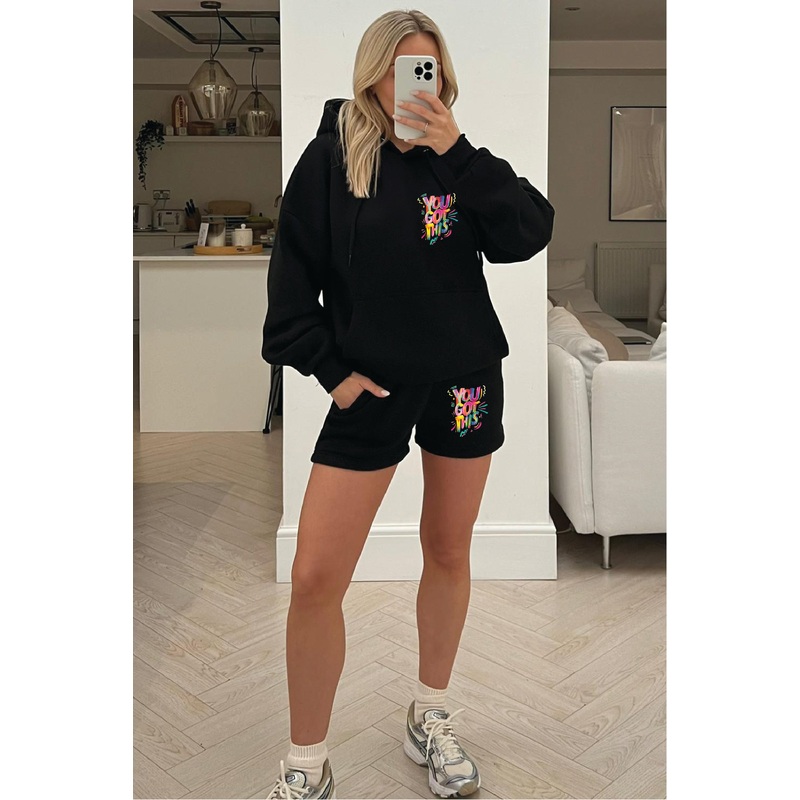 You Got This black printed hoodie short loungewear set