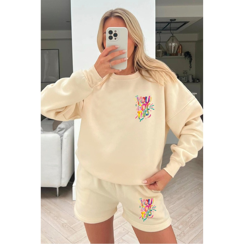 You Got This ecru printed sweater short loungewear set
