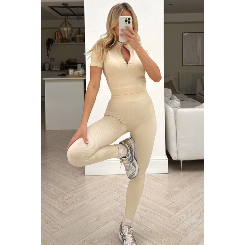 Rhii beige 1/4 zip short sleeve ribbed gym set