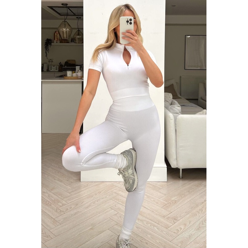 Rhii white 1/4 zip short sleeve ribbed gym set