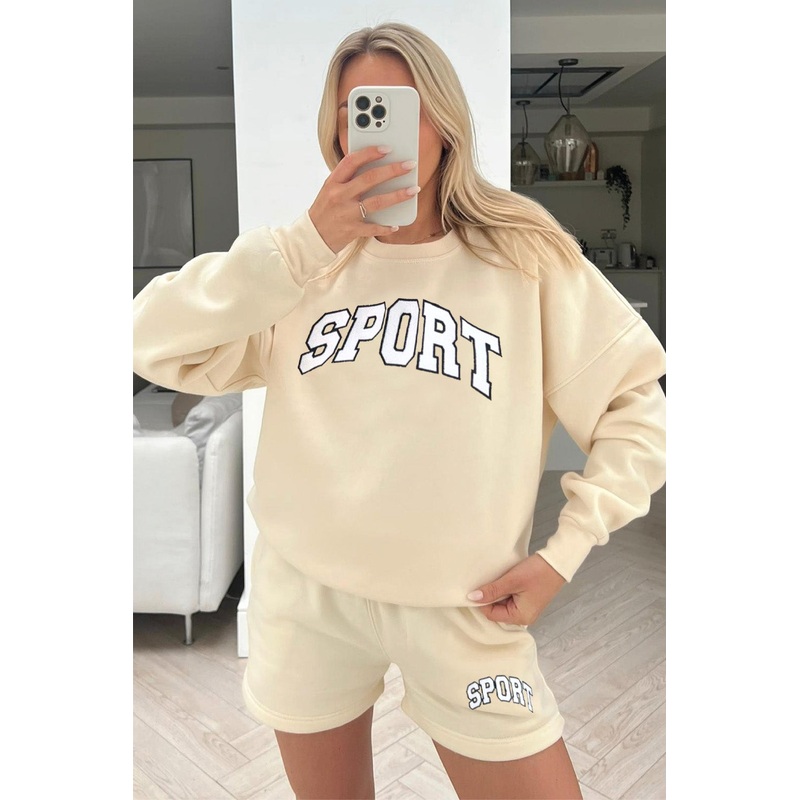 Sport embroidered ecru sweater short loungewear set