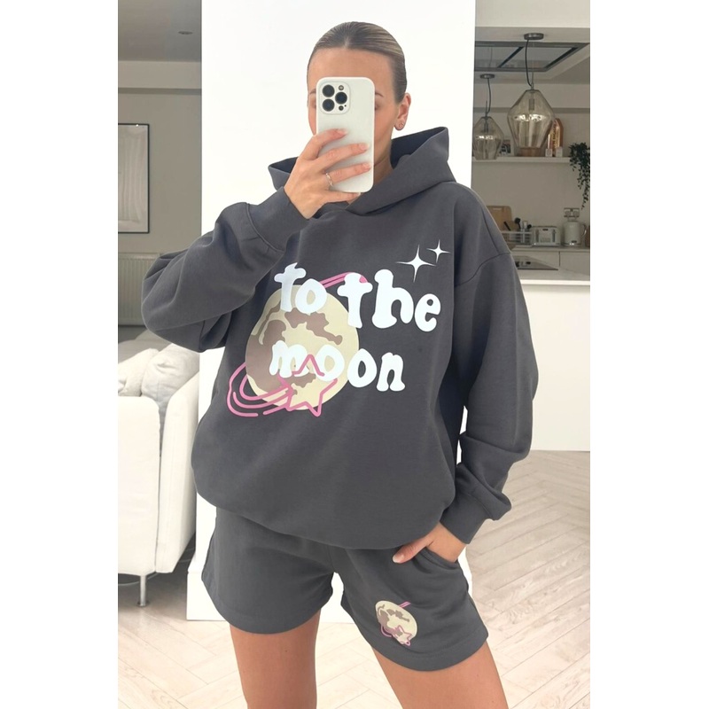 To The Moon steel grey PREMIUM Hooded short loungewear set