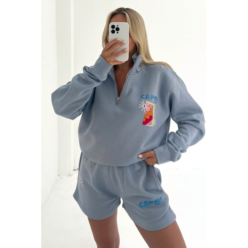 capri italy baby blue printed 1/4 zip sweater loungewear set