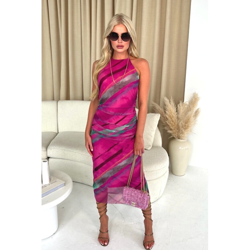 Evie Turquoise & purple Printed Mesh Midi Dress