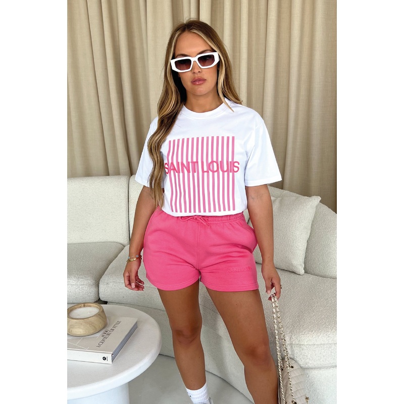 Saint Louis Pink & white embroidered premium short tee coord