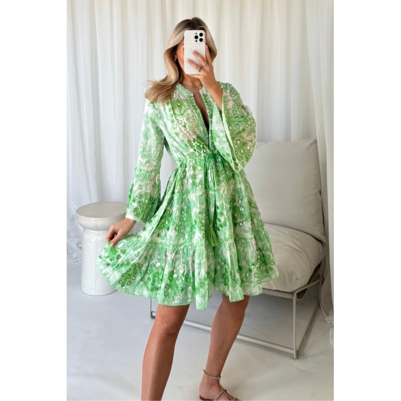 Sarah Green Embellished Tiered dress