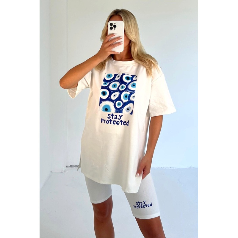 stay protected white printed cycling short co-ord