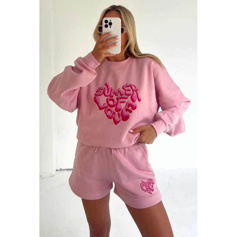 summer of love baby pink printed sweater loungewear set