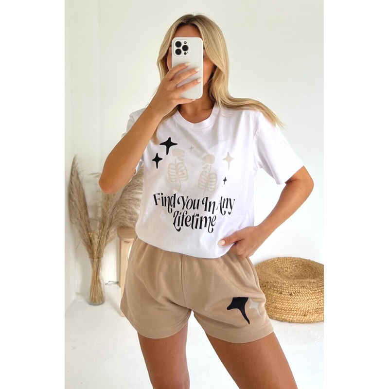 Any Lifetime white and stone printed premium short t-shirt coord