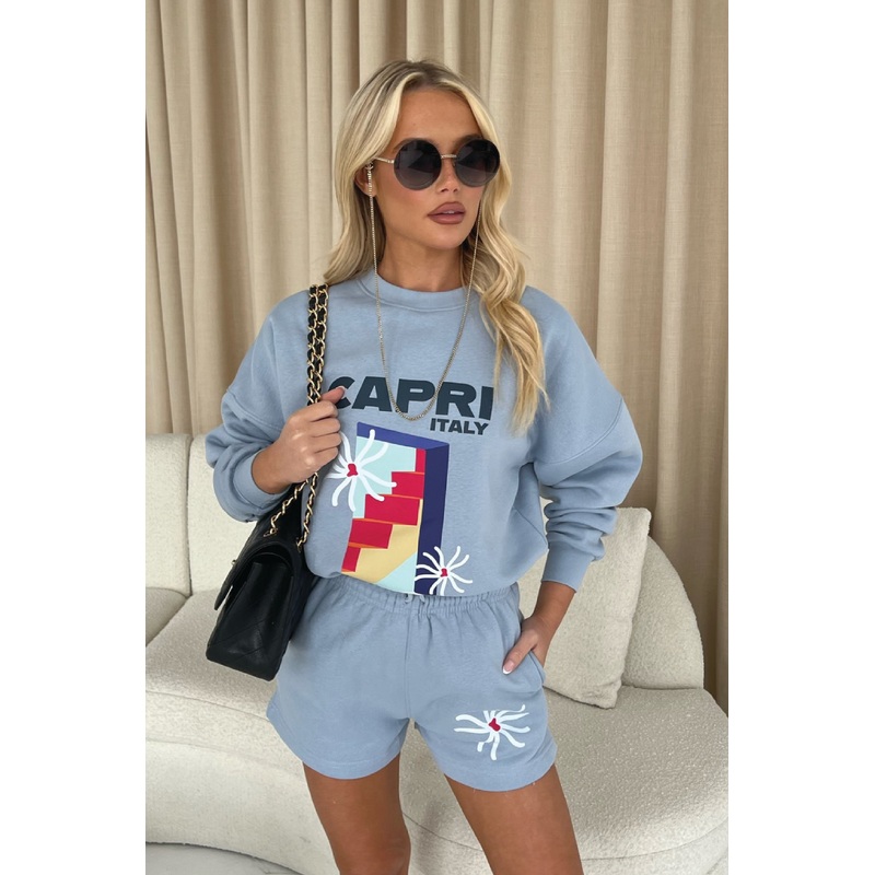 Capri Italy Baby Blue Premium Sweater Short Loungewear Set