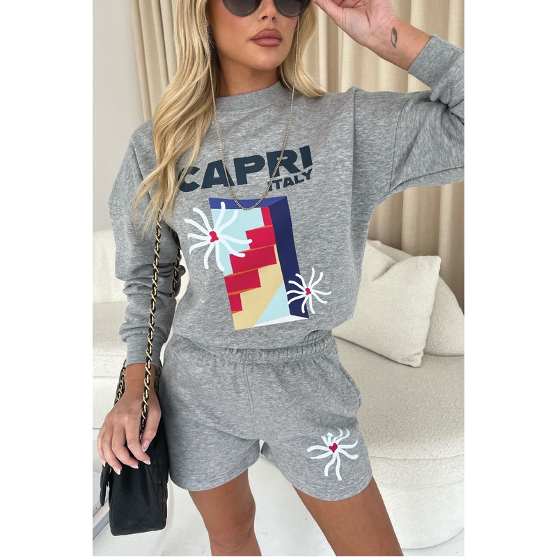 Capri Italy Melange Grey Premium Sweater Short Loungewear Set