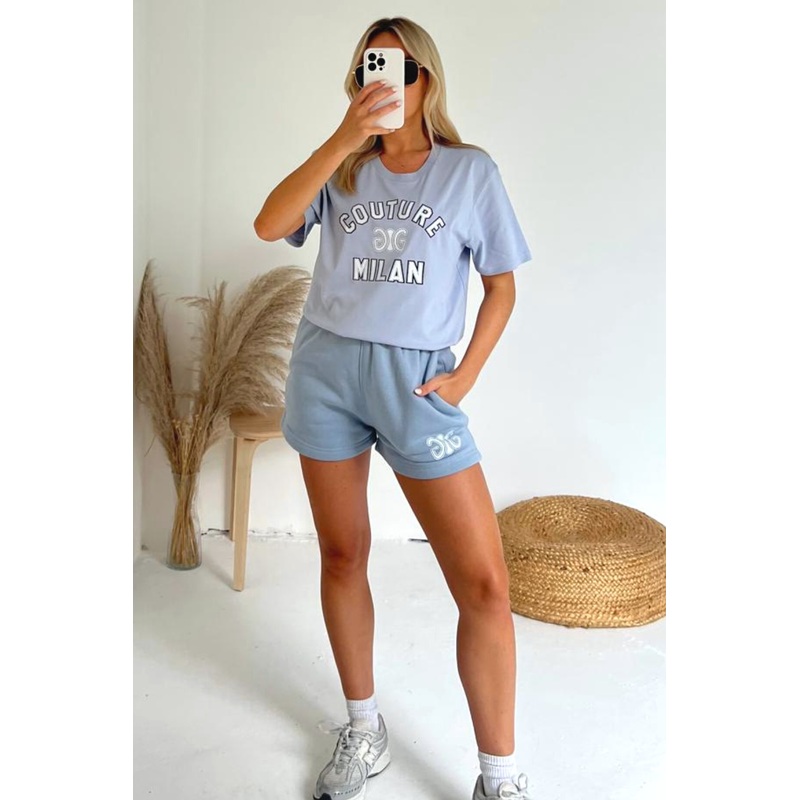 Couture Milan baby blue printed premium short t-shirt coord