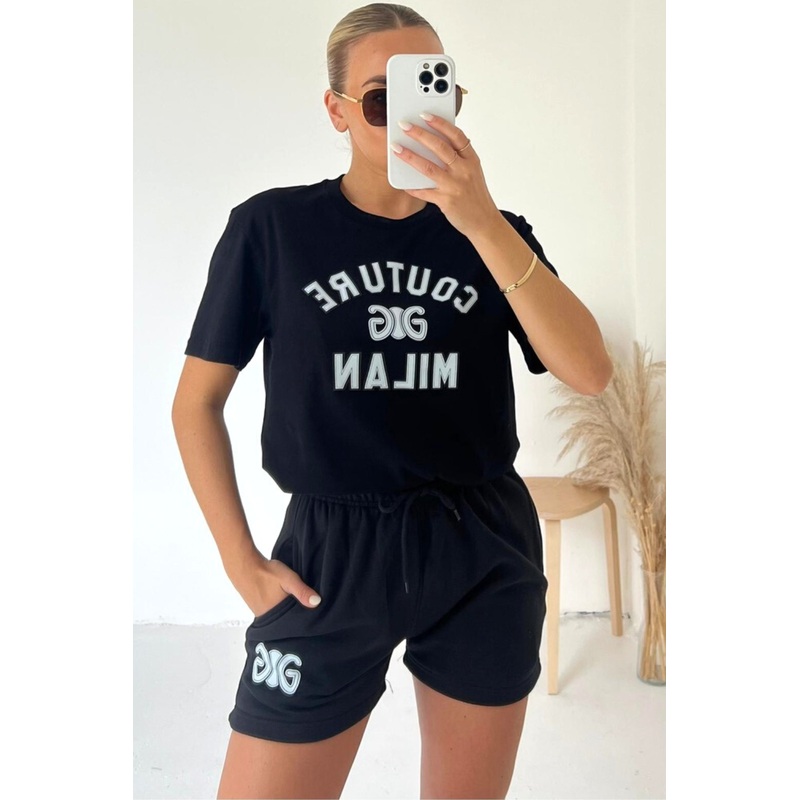 Couture Milan black printed premium short tee coord