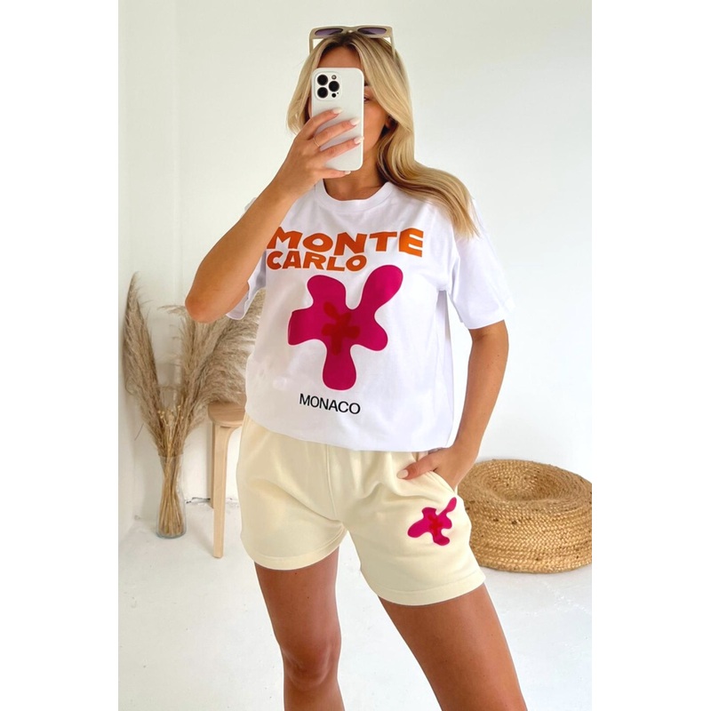Monte Carlo white & ecru printed premium short tee coord