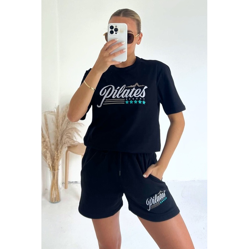 Pilates Black embroidered premium short t-shirt coord