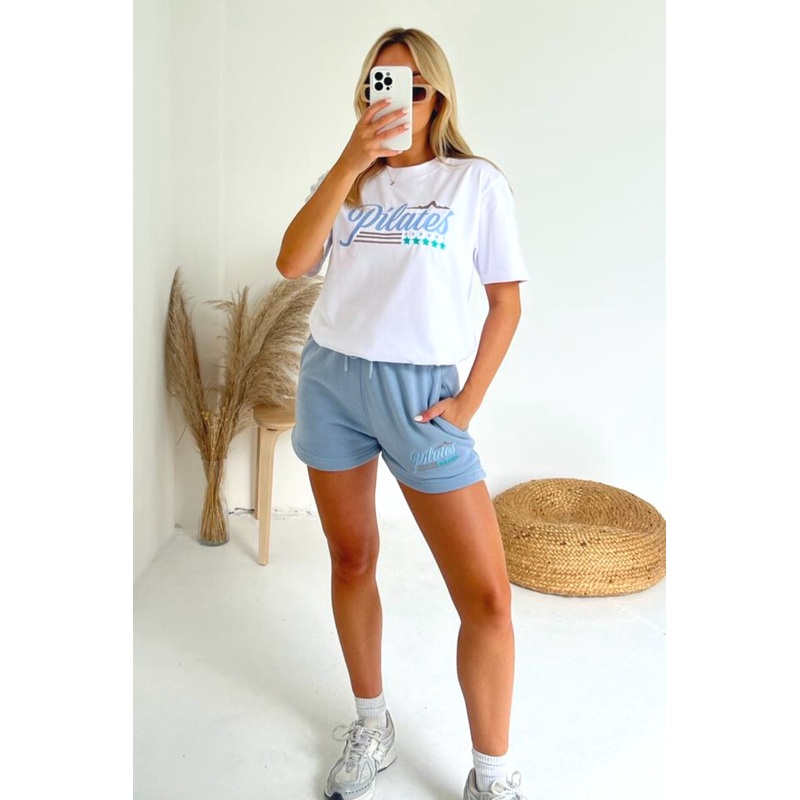 Pilates white and baby blue embroidered premium short t-shirt coord