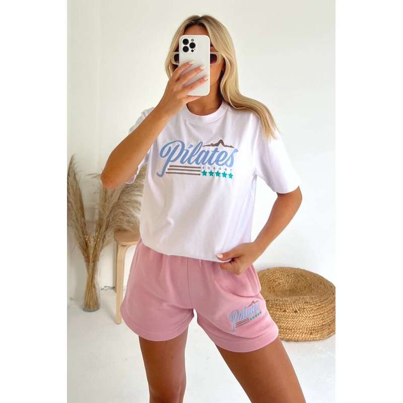 Pilates white and baby pink embroidered premium short t-shirt coord
