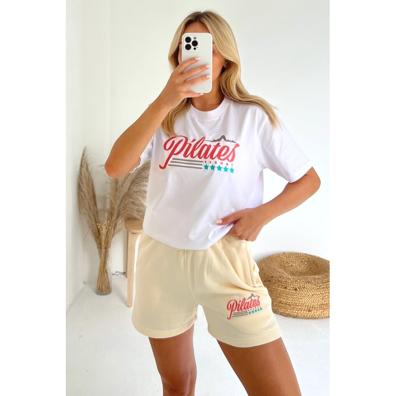 Pilates white and ecru embroidered premium short t-shirt coord