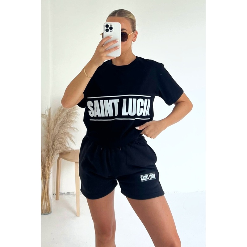 Saint Lucia black printed premium short t-shirt coord