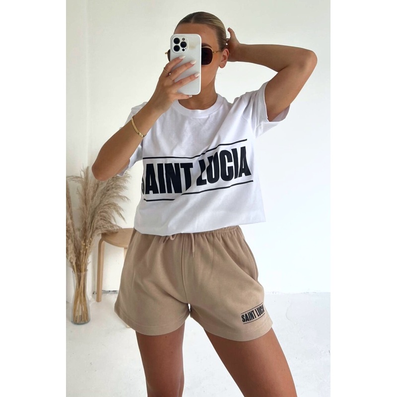 Saint lucia white and stone printed premium short t-shirt coord