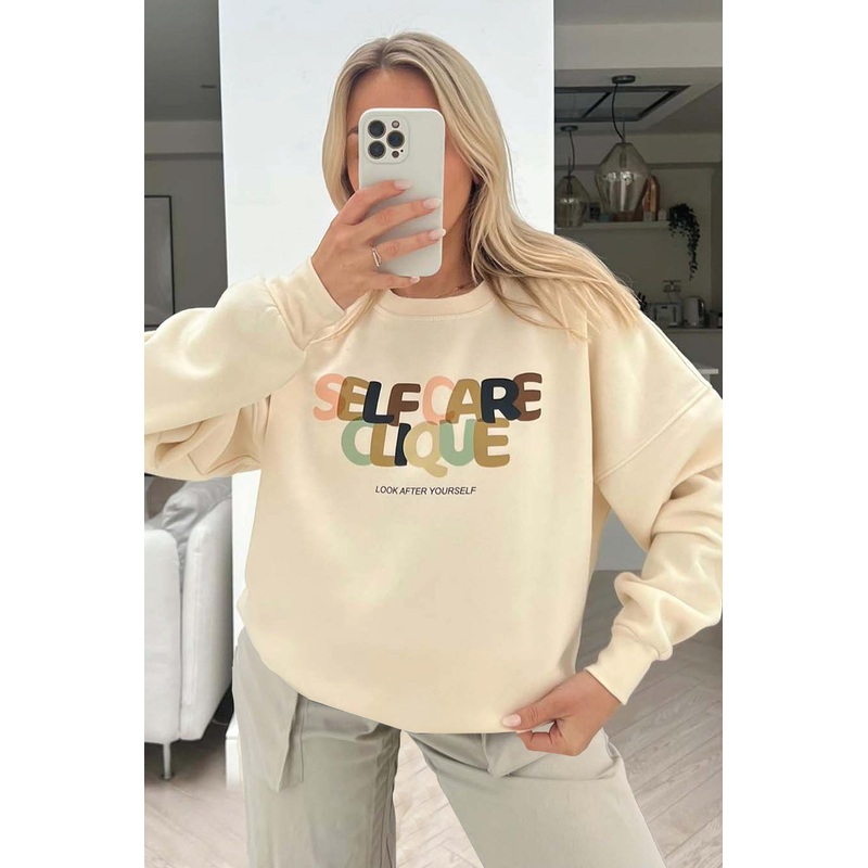 Self Care Clique Ecru printed sweater premium essentials
