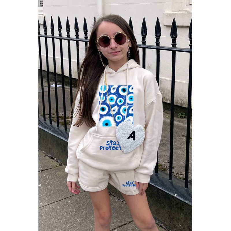 stay protected ecru Mini essential hoodie shorts loungewear set