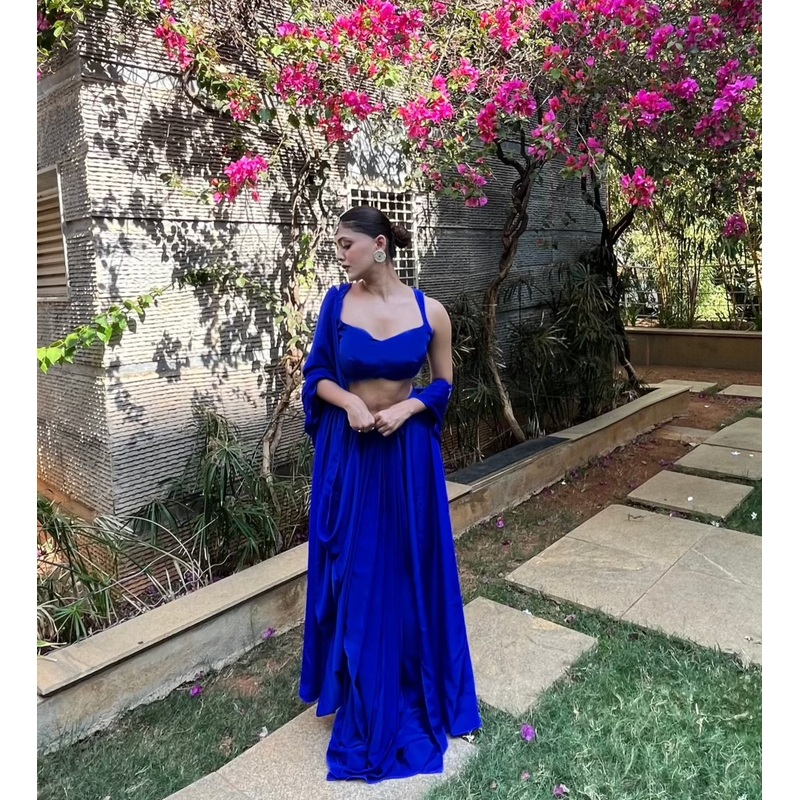 3 Piece Electric Blue Pre-stiched Saree Set