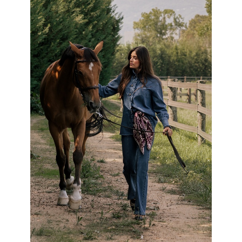 Denim lapel ruffled shirt