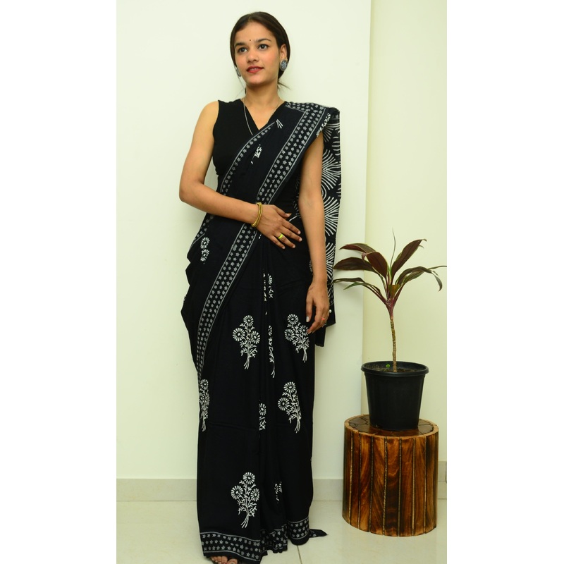 A Date Night Black Handblock Print Natural Dyed Mulmul Cotton Saree