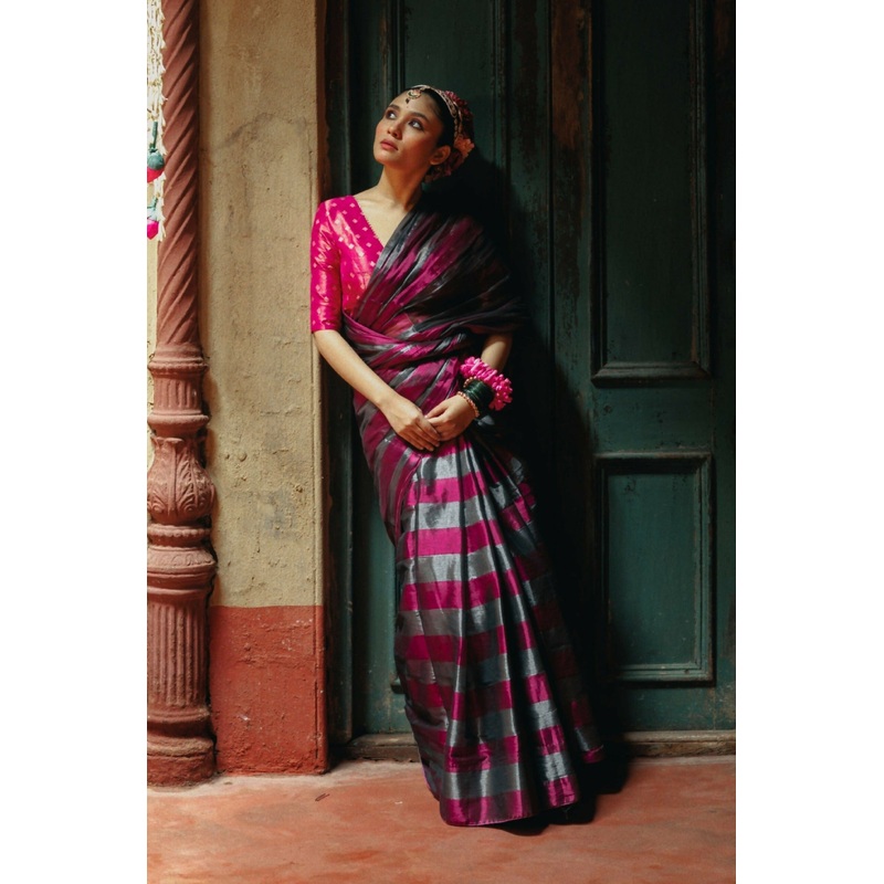 Abhilasha Silver And Purple Striped Handloom Tissue Saree