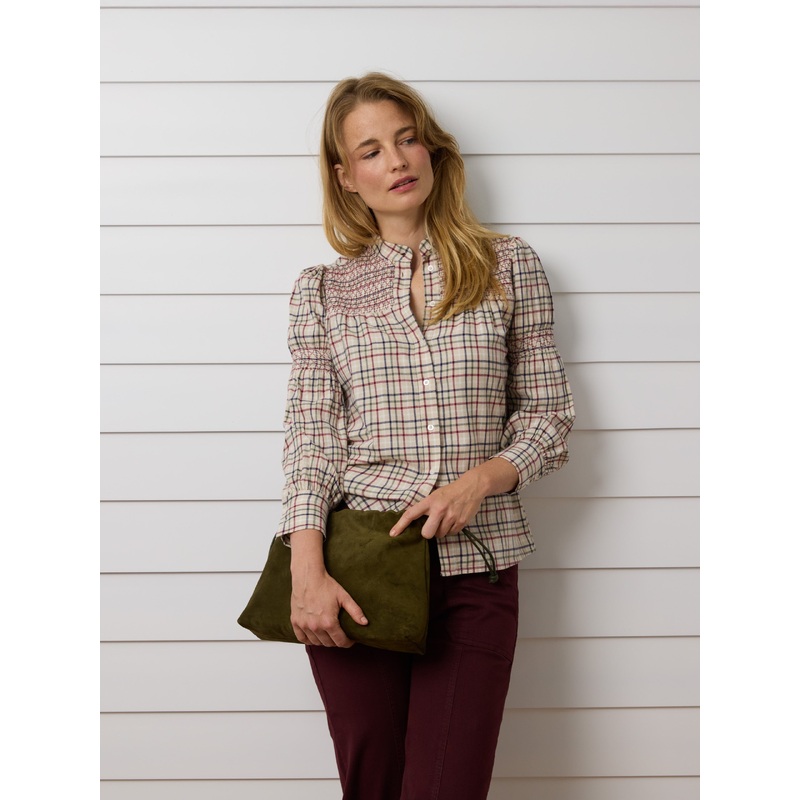 Garnet and blue checked gathered shirt