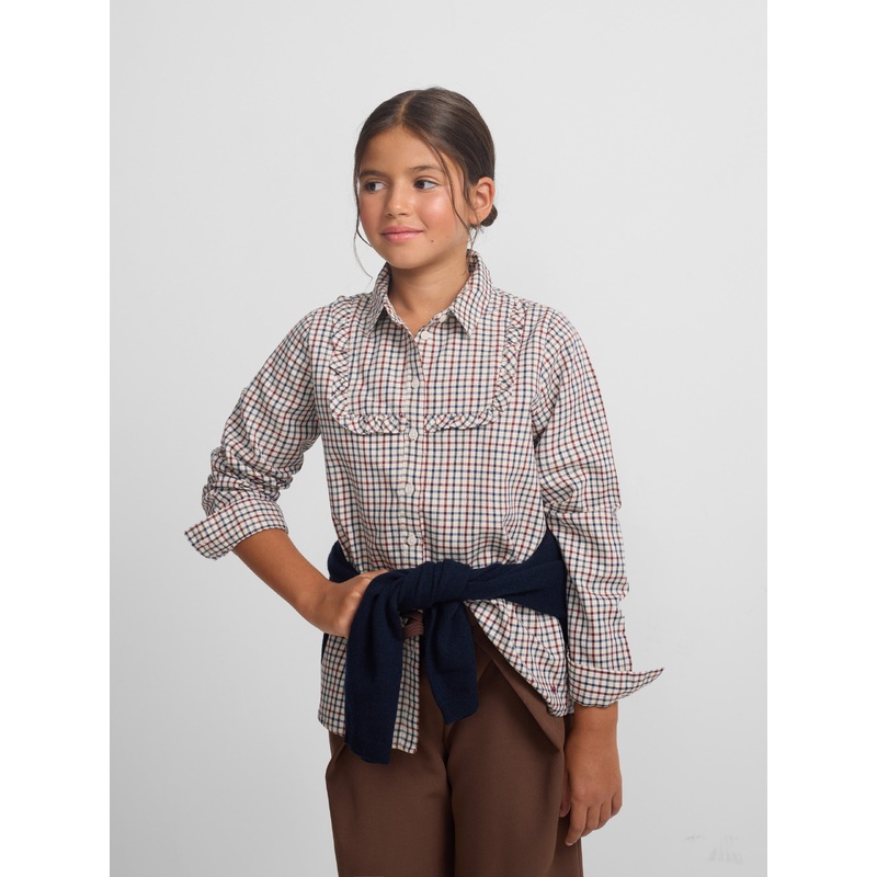 Girl's shirt with blue and red checkered ruffle