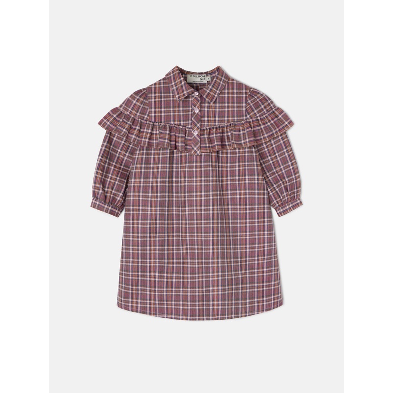 Girl's dress with purple and pink checkered ruffles