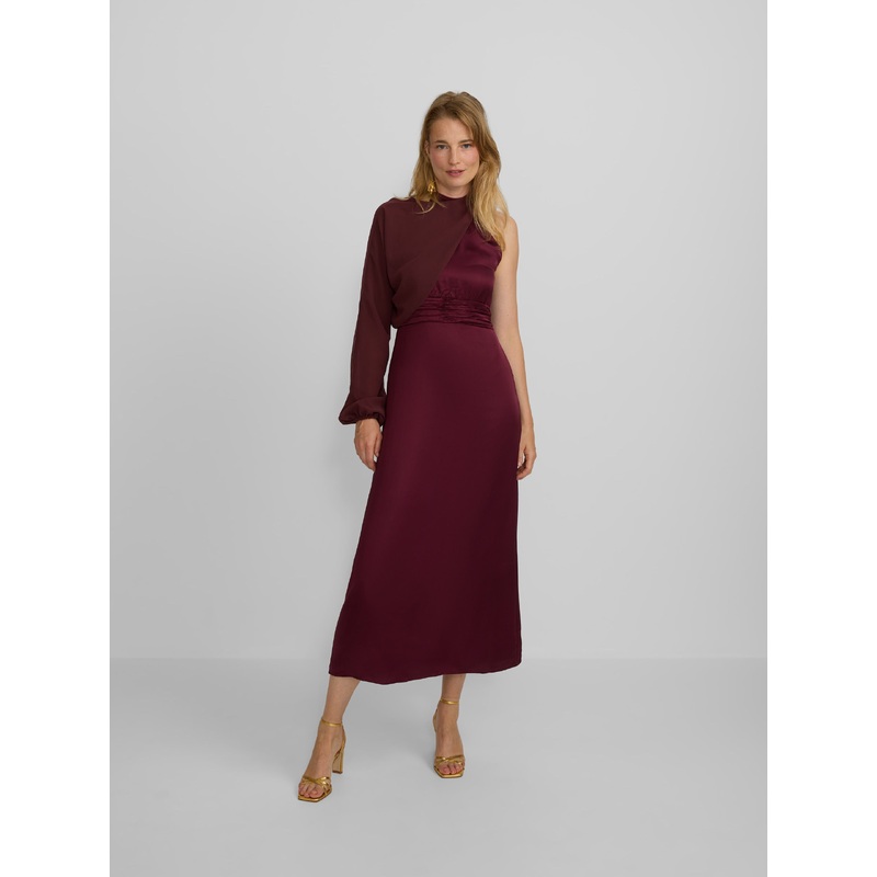 Long burgundy satin cape dress